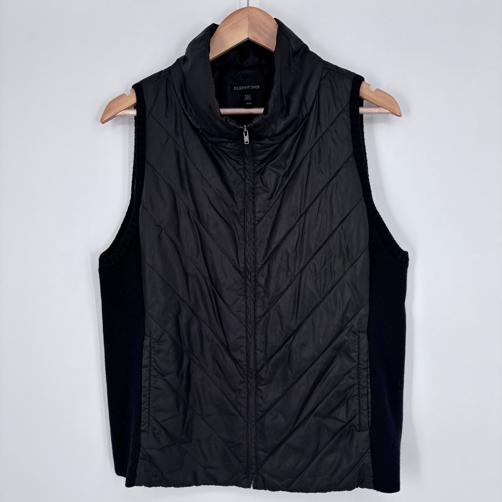 Eileen Fisher Quilted Chevron Puffer Vest Womens M Black Merino Wool Knit Sides